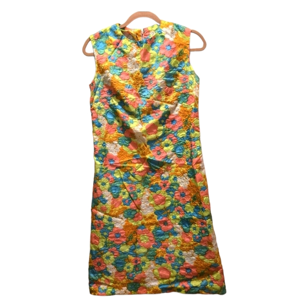 True Vintage 70’s Dress S Floral Shift Sleeveless Multicolored Mod Bright Neon